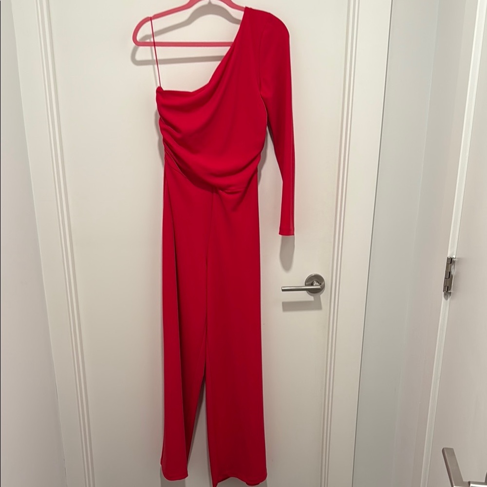 Zara Hot Pink One-Shoulder Long Sleeve Jumpsuit